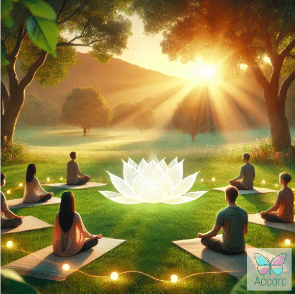 Un groupe de personnes assises en cercle sur des tapis de méditation dans un champ verdoyant, entouré d'arbres sous un coucher de soleil apaisant. L'ambiance est chaleureuse avec une lumière douce et naturelle. Un lotus est subtilement placé au centre, symbolisant la tranquillité et l'harmonie avec la nature. Le cadre évoque un sentiment de calme et de connexion.