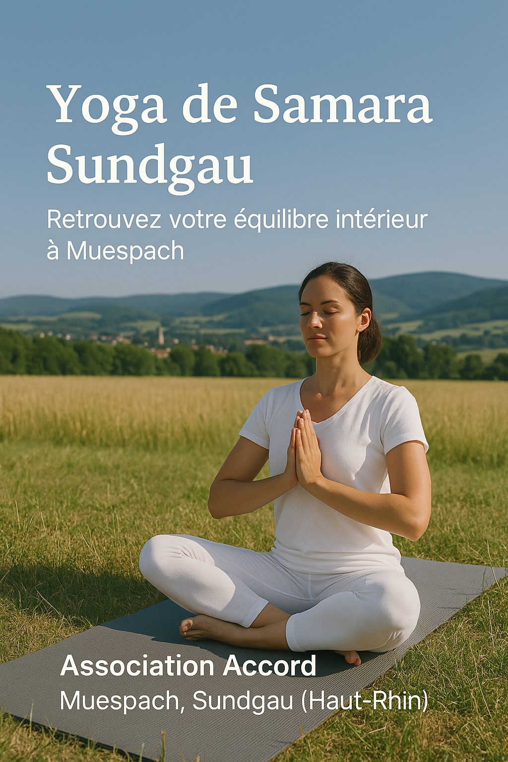 Yoga-de-samara-Sundgau Femme en tenue blanche pratiquant le Yoga de Samara en plein air dans le Sundgau, près de Muespach, entourée de nature paisible et de collines alsaciennes.